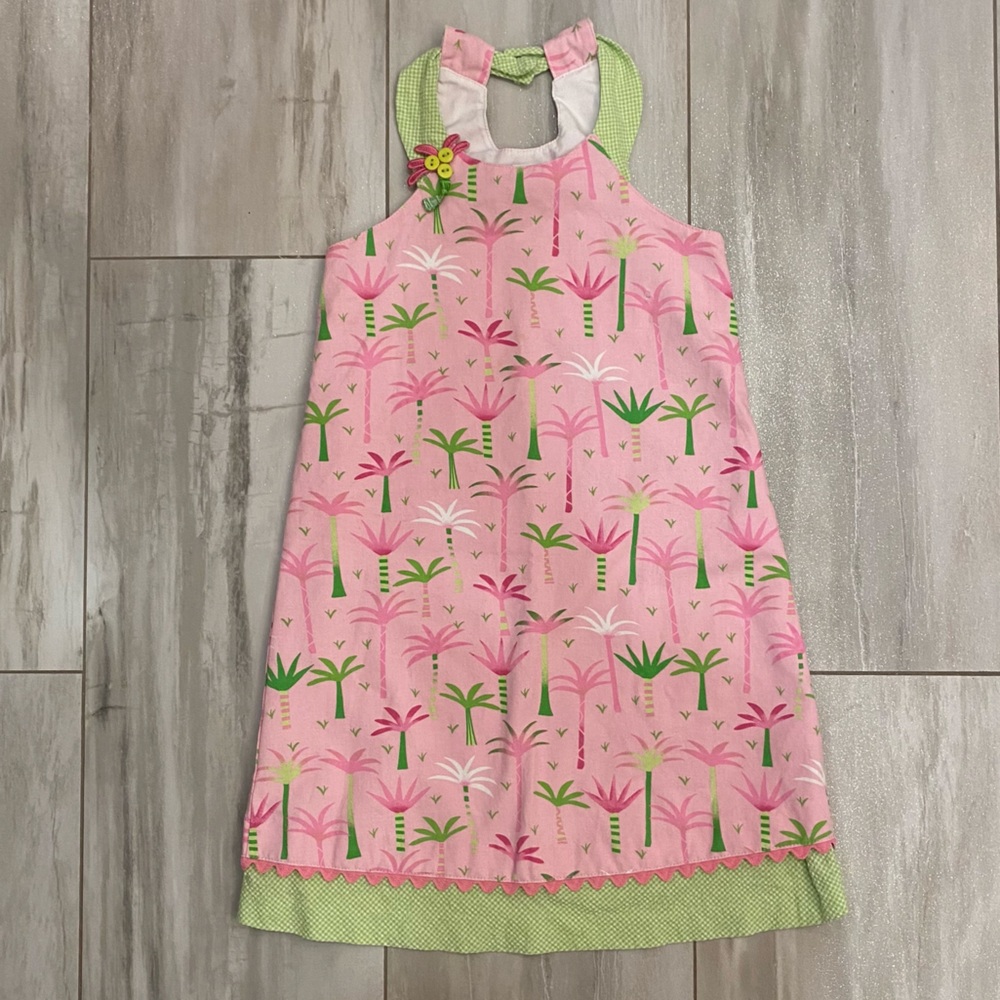 Peaches ‘n Cream Tropical Palm Tree with Green Gingham Trim Dress Girls size 5